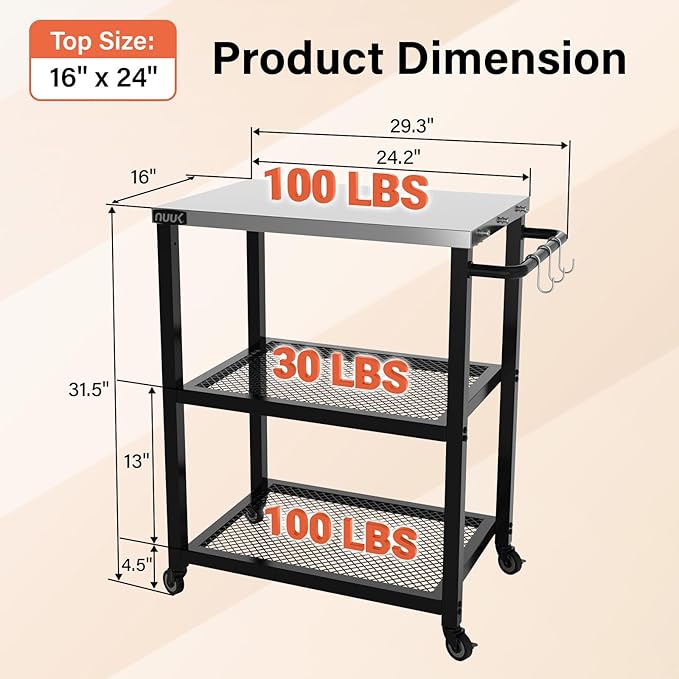 NUUK Grill Cart 16" x 24" Dining Prep Table 3-Shelf Kitchen Worktable Rolling Outdoor Pizza Oven Carts with Stainless Steel Top for Outside BBQ Tables