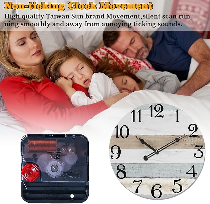 24 Inch Wall Clock Wood Round Silent Non-Ticking Clock,Large Rustic Farmhouse Blue Wall Clock with Battery Operated Vintage Decorative Clock for Living Room Kitchen Decor