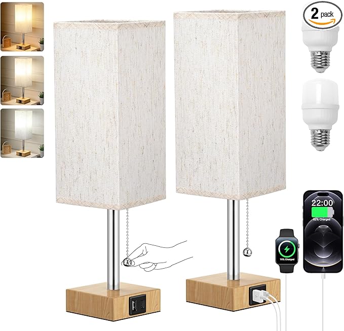 aooshine Wood Grain Bedside Table Lamps Set of 2 - Bedroom Lamps with 3 Color Temperatures (3000K/5000K/4000K), Square Nightstand Lamp with USB C + A Charging Ports