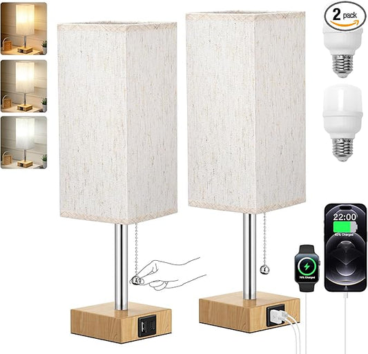 aooshine Wood Grain Bedside Table Lamps Set of 2 - Bedroom Lamps with 3 Color Temperatures (3000K/5000K/4000K), Square Nightstand Lamp with USB C + A Charging Ports