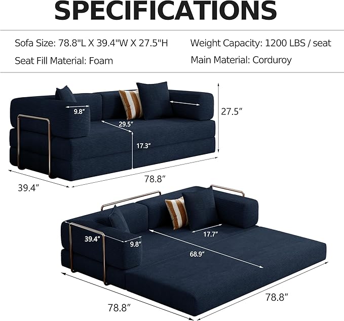 78.8''Convertible Sleeper Sofa Bed,Compressed Floor Boneless Couch,Modular Modern Corduroy Sofa for Living Room Bedroom -with Fixed-Shape Frame and Support Armrest,Easy Assembly(Dark Blue