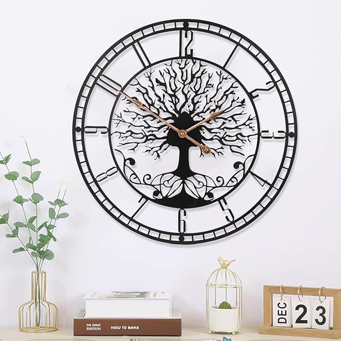Tree of Life Wall Clock, 24inch Black Metal Wall Clock, Silent Quartz Movement, Modern Home Decor