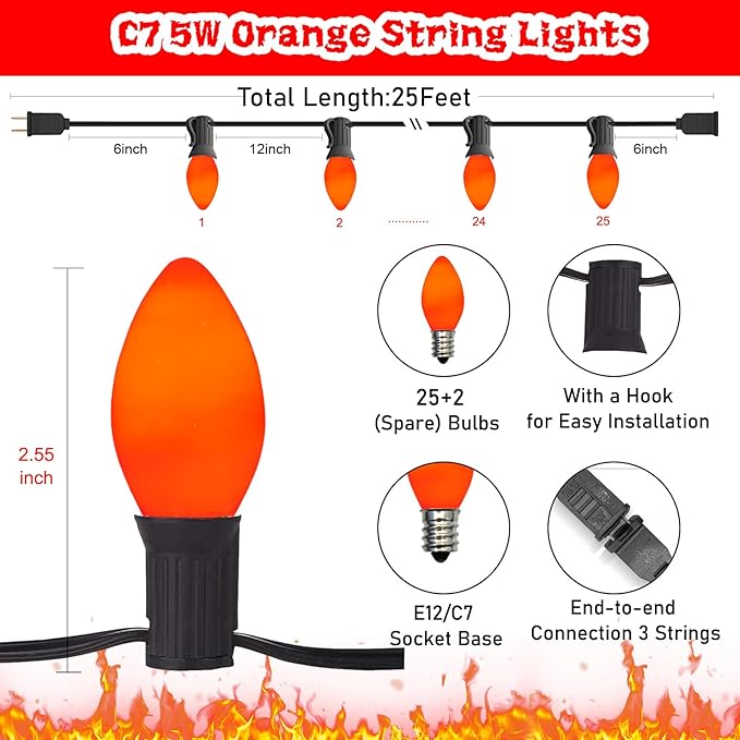 SUNSGNE C7 Halloween Orange String Lights 25FT Outdoor String Lights with 27 5W Orange Glass Bulbs(2 Spare) for Patio Garden Roofline Backyard Decorations, Black Wire