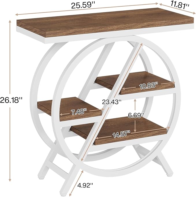 Tribesigns End Table for Living Room, 3-Tier Narrow Side Table with Storage, Wood Sofa Side Table with Geometric Metal Frame, Industrial Nightstand and Bedside Table for Bedroom (Light Brown+White)