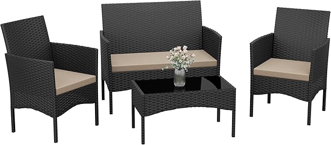 Kurapika Patio Furniture Set 4 Pieces Outdoor Wicker Rattan Chairs Conversation Sets w/Coffee Table, Rocking Bistro Set, for Patio Backyard Lawn (Sand)