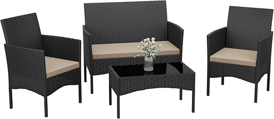 Kurapika Patio Furniture Set 4 Pieces Outdoor Wicker Rattan Chairs Conversation Sets w/Coffee Table, Rocking Bistro Set, for Patio Backyard Lawn (Sand)