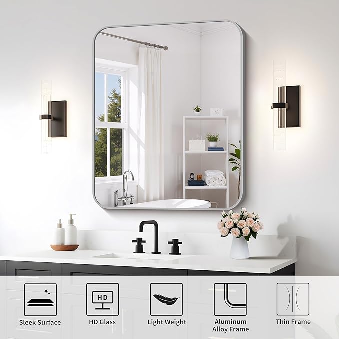 FORBATH 30x36 Inch Silver Bathroom Mirror for Over Sink, Large Rectangular Wall Mirror with Metal Frame, Rounded Corners for Bathroom, Bedroom, Entryway Decor (Horizontal or Vertical)