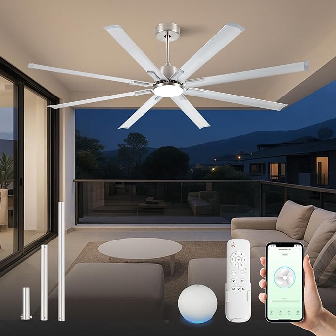 72In Brushed Nickel Aluminum Ceiling Fan with Light,Smart ceiling fan with Alexa and APP(via WIFI),6 Speed,3CCT,Quiet DC Outdoor Indoor fan for patio and Living Room