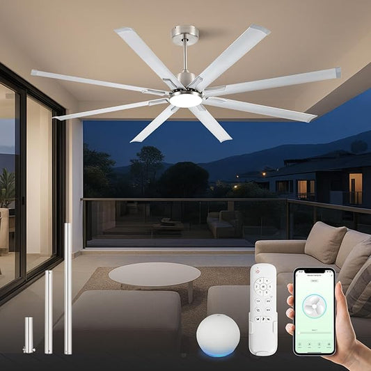 72In Brushed Nickel Aluminum Ceiling Fan with Light,Smart ceiling fan with Alexa and APP(via WIFI),6 Speed,3CCT,Quiet DC Outdoor Indoor fan for patio and Living Room