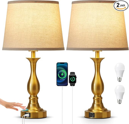 Bedside Table Lamp Touch Control Bedroom Lamps with USB A and C Charging Port 3 Way Dimmable Touch Lamps for Nightstand Living Room Bedroom Dorm Home Office Reading, Set of 2