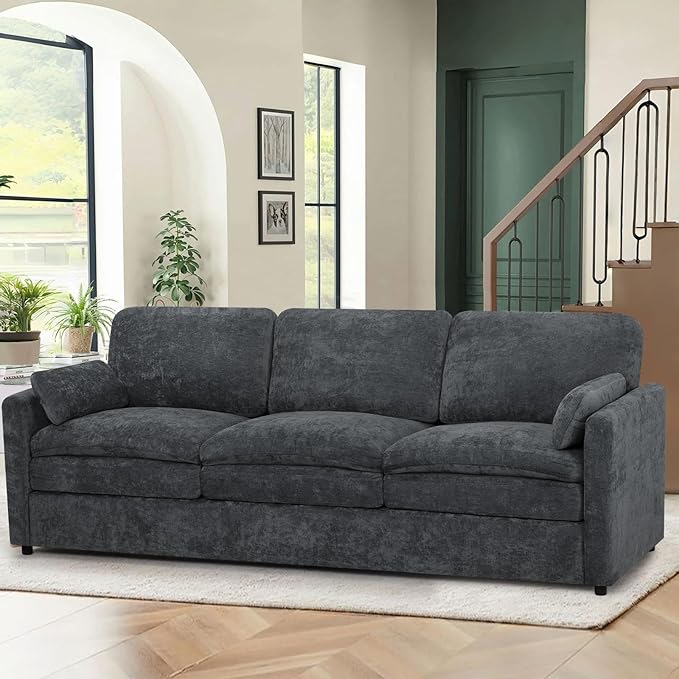 89” Chenille Sofa w/Arm Pillows, Upholstered 3-Seater Sofa w/Comfortable Back Cushions, Modern 3 Seats Couch w/High-Density Foam for Living Room, Apartment, Office, Grey