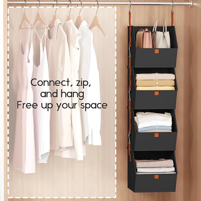 Hanging Closet Organizer 4 Tier - Clothes Hanging Shelves, Space-Saving Closet System, Fabric Storage Bins Bedroom Organization, Collapsible Baskets for Home, Dorm, Rv, Black