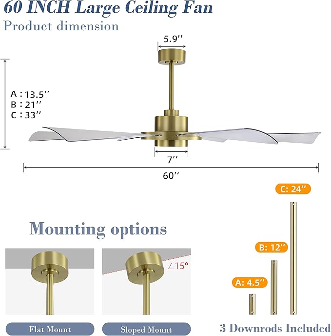 ELEHINSER 60" Ceiling Fan with Lights - 6 ABS Plastic Blades, 3 Downrods, 6-Speed Reversible DC Motor, 3CCT, Windmill Ceiling Fan for Kitchen Bedroom Living Room, Brass and Transparent