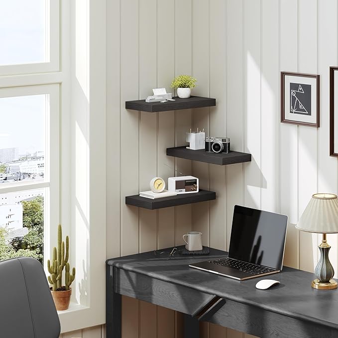 Floating Shelves for Wall, 1.5" Thick Wall Shelf Set of 3 with Invisible Brackets, 15.7L x 7.9W Hanging Book Shelves Farmhouse Home Decor for Bathroom, Living Room, Bedroom, Black 4301BJP3BK