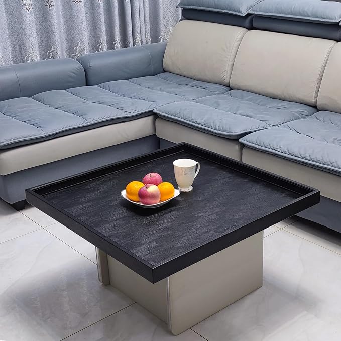 30 * 30 inches Luxury Leather Square Oversized Service Tray, Ottoman & Coffee Tray for Family Dinner, Out-of-House Picnic & Party (30 inch Black)