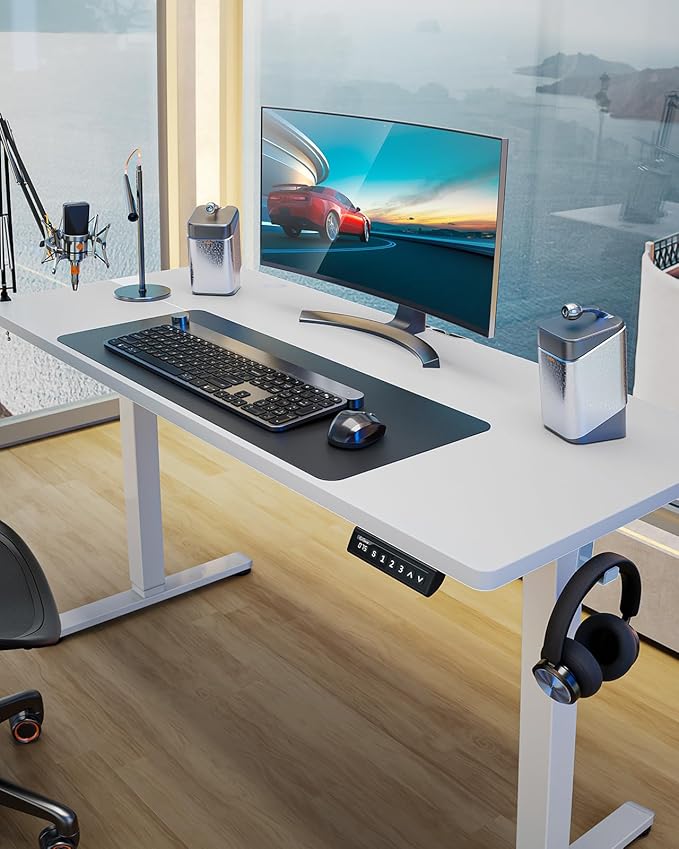 ErGear Small Height Adjustable Electric Standing Desk, 40 x 24 Inches Sit Stand up Desk, Memory Computer Home Office Desk with Two-Piece Desktop (White)