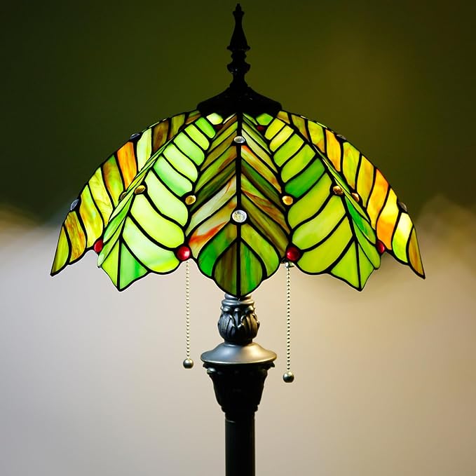 Tiffany Floor Lamp Stained Glass Lamp Standing Reading Light 16x16x70 Inch for Living Room (Amber Green Beach Coconut Tree Style)
