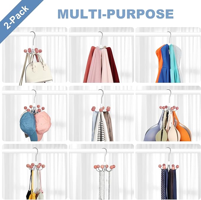 TOPIA HANGER Hoodie Hangers 2-Pack with 6 Cedar Balls, 360°Swivel Purse Hanger, Scarf Hanger, Closet Hooks, Handbag Organizer, Bra Hanger, Accessory Organizers for Scarf, Tanktop, Hat, Hoodie CT43C