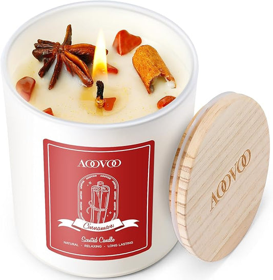 AOOVOO Apple Cinnamon Scented Candles for Women - Aromatherapy Candle with Crystals Inside, 10oz Soy Candles for Home Scented, Birthday Gifts Christmas Candle for Women Mom