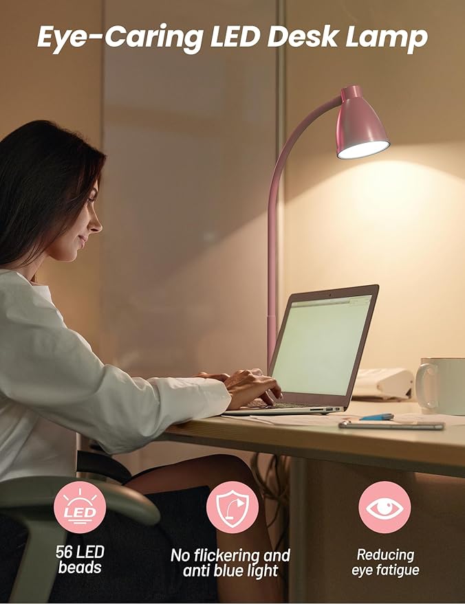 BOHON Cute Desk Lamp with USB Charging Port, Pink Lamp 3 Color Modes Dimmable LED Reading Lamp, Flexible Neck Auto Dimming Table Task Light for Home Office Dorm Bedside, Pink