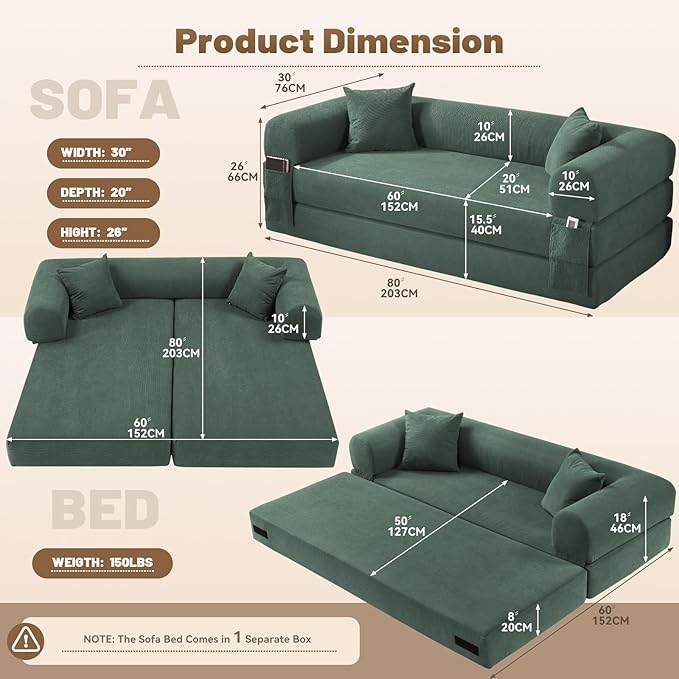 Convertible Folding Sofa Bed,80" Pull Out Couch with Pillows & Storage Pocket,Modular Futon Bed Corduroy Queen Sleeper Sofa in a Box,Compression Boneless Couch for Living Room,Light Green