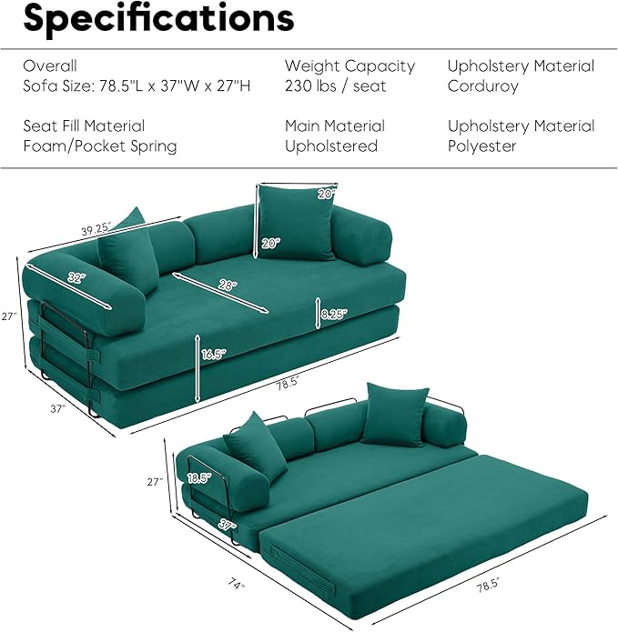 Convertible Sleeper Sofa Bed, Folding Floor Sofa Bed with Fixed-Shape Frame, Corduroy Floor Sleeper Sofa with Storage Pocket, Futon Boneless Sofa Couch for Living Room, Emerald Green
