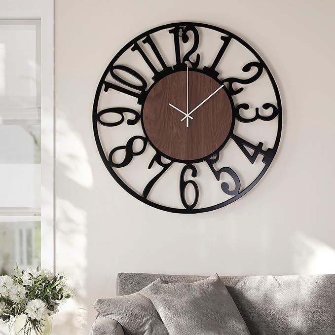 30" Extra Large Wall Clock, Modern Battery Operated Silent Non Ticking 30 inch Decorative Wood Metal Wall Clock, Black Round Big Clocks for Living Room, Bedroom, Kitchen, Office Decor-Arabic Numerals