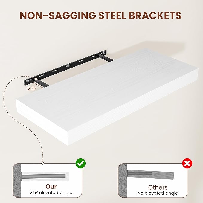 Vivelove 24/36/48/55 Inch Floating Shelves for Wall, 12 Deep Shelves for Room Wall Mounted, 2" Thick Floating Shelf for Living Room Bedroom Bathroom Kitchen Laundry Room, Set of 2 White