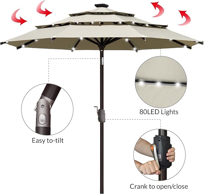 EliteShade USA 10-Year-Non-Fading Solar 9ft 3 Tiers Market Umbrella with 80 LED Lights Patio Umbrellas Outdoor Table with Ventilation,Antique Beige