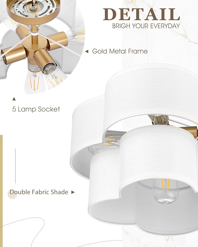 Gold Semi Flush Mount Ceiling Light, 5-Light 18" Ceiling Light Fixtures with Double Fabric Drum Shade in Quatrefoil Shape, Light Fixtures Ceiling Mount for Nursery Bedroom, AD-22007-5SF-GD