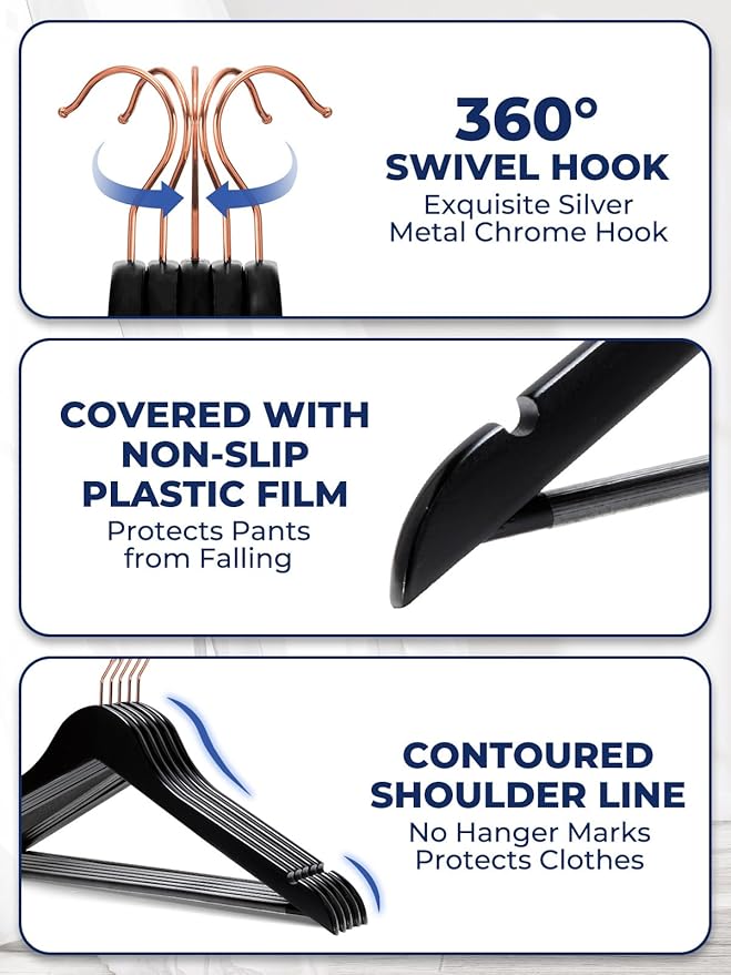 Smartor Wooden Hangers 20 Pack, Solid Wood Coat Hanger for Closet, Heavy Duty Wood Hangers for Suits, Shirts, Dresses, with 360° Rose Gold Hook, Non Slip Pant Bar, Black