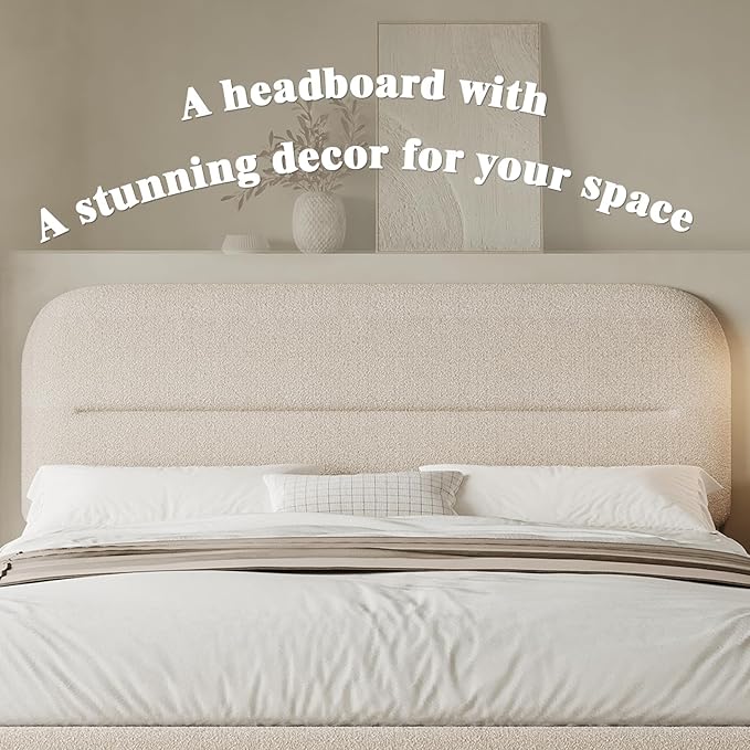 HOMBCK Full Size Boucle Bed Frame, Upholstered Bed Frame Full with Headboard, Soft BedFrame with Thickened Footboard, Soft Rounded Corners, No Box Spring Required, Easy Assembly, Cream