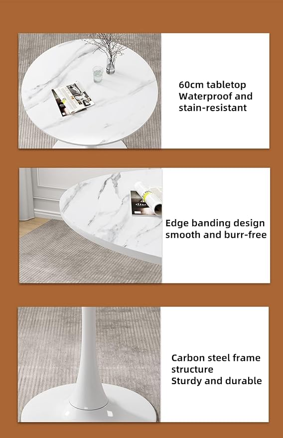 24" Tulip Table for 2-3 Persons Mid-Century Kitchen Table Faux Marble Modern Round Dining Tables Wood MDF Top Steel Base Small for Living Room Balcony Leisure(White, 23.6")