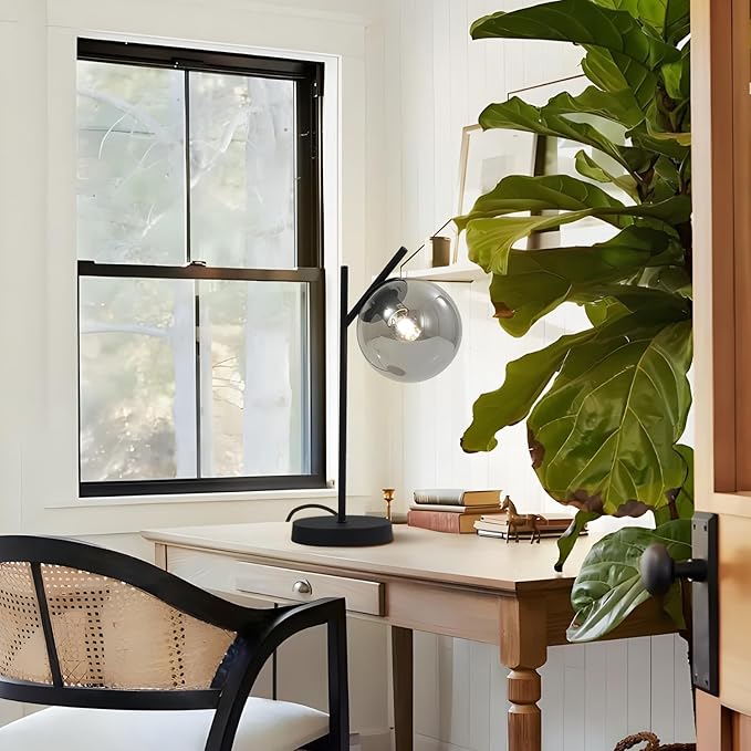 Black Table Lamp Vintage Metal Desk Lamp Modern Smoke Gray Glass Globe Nightstand Lamp Nordic Bedside Lamp for Living Room Bedroom Office