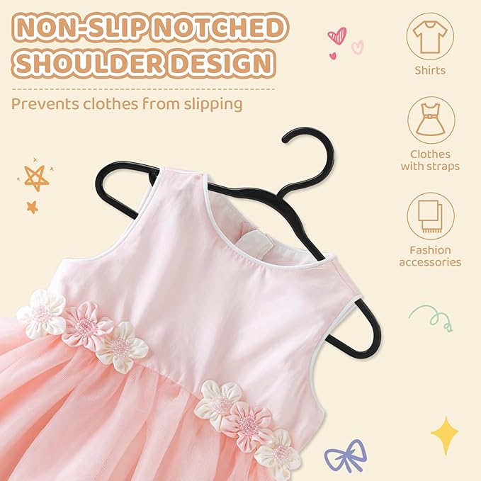 100 Pack Black Baby Hangers 12.91 Inch - Kids Non-Slip Clothes Hangers for Infant & Child, Durable Plastic Children's Hangers for Closet, Pants, Coats, Skirts