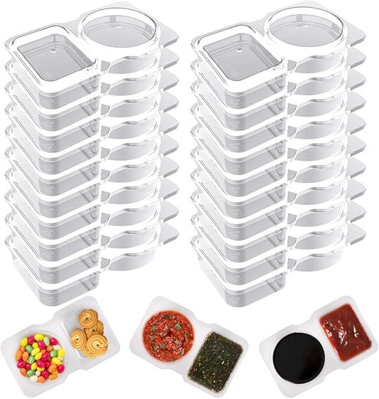 20 Pcs Double Compartment Condiment Container, Reusable Snack Containers, Condiment Containers with Lids, Sauce Containers for Snacks, Dips, Takeout, Travel and Outdoor Camping