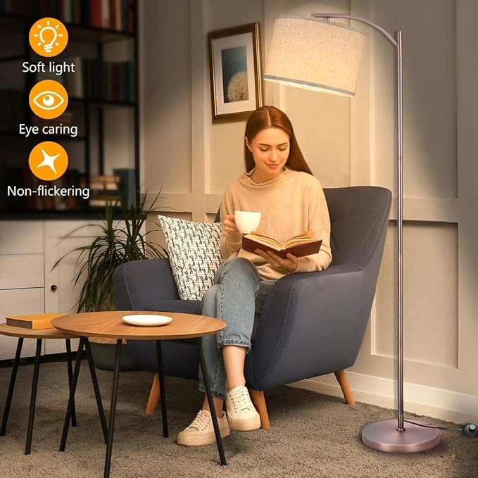 Floor Lamp for Living Room, Standing Lamp, Floor Lamp with Linen Lampshade for Home Décor, Office, Bedroom (Bulb Included) (Rose Gold)