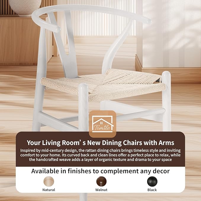 Tomile Wishbone Chair Y Chair, Wooden Dining Chairs Set of 4, Mid Century Modern Chairs with Arms, Solid Wood Weave Seat Kitchen & Dining Room Chairs (Ash Wood - White)