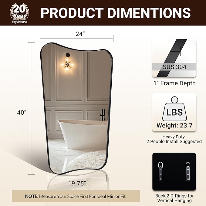 ANDY STAR Matte Black Mirror, 24x40 Inch Bathroom Vanity Mirror, Asymmetrical Mirror in Premium Stainless Steel Frame, Deep 1’’, Butterfly Shaped Decorative for Bathroom, Powder Room, Entryway