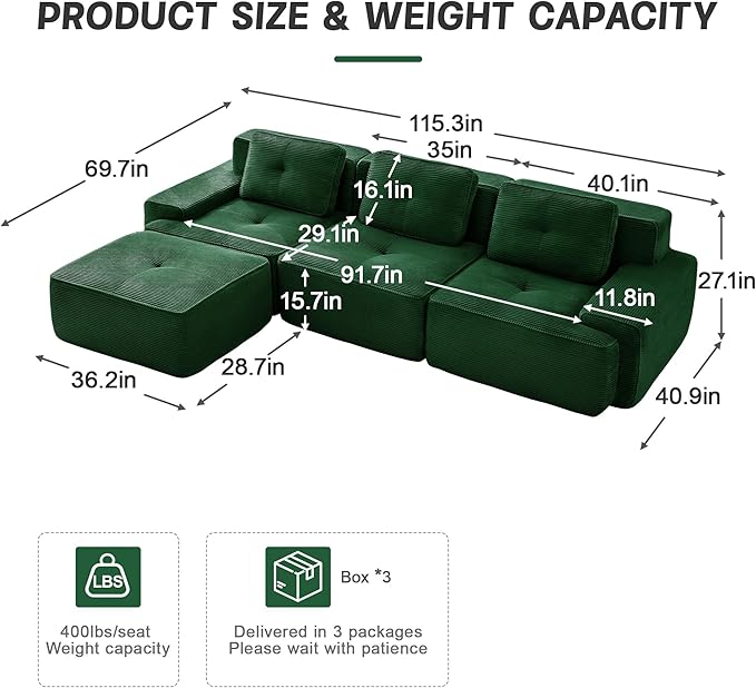115" Modern Corduroy Cloud Sofa with Ottoman, L Shaped Boneless Modular Large Sectional Couches for Living Room, Green 3 Seater Compressed Memory Foam Couch, Extra Deep Seat, No Assembly