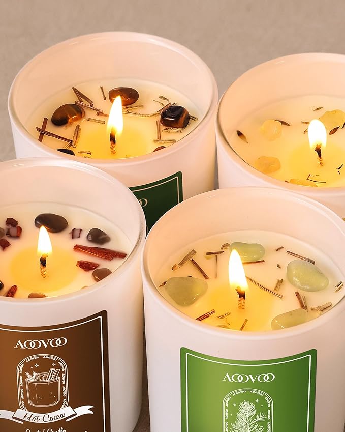 AOOVOO Christmas Candles Set for Women - 4 Pack Candles for Home Scented, Aromatherapy Candle with Crystals, 28 oz 200 Hour Long Lasting Candle, Winter Fragrance of Cedar, Fir, Hot Cocoa, Vanilla Cake