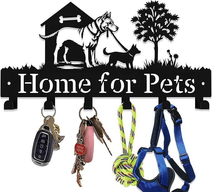 Custom Dog-Themed Key Hook Wall Decor,Personalized Engraved Metal Key Holder of Outdoor Doghouse&Daddy Dog and Puppy on Grass Design,Functional Key Hanger Wall Mount for Hallway