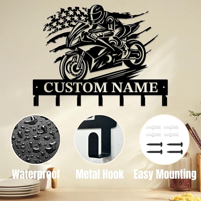 Personalized Custom Name Motorcycle Keys Hooks,Metal Motorcycle Art Clothes Keys Hooks,Metal Motorcycle Lover Wall Home Storage Decorative Keys Hooks,Key Holder Hooks for Wall (Style D)