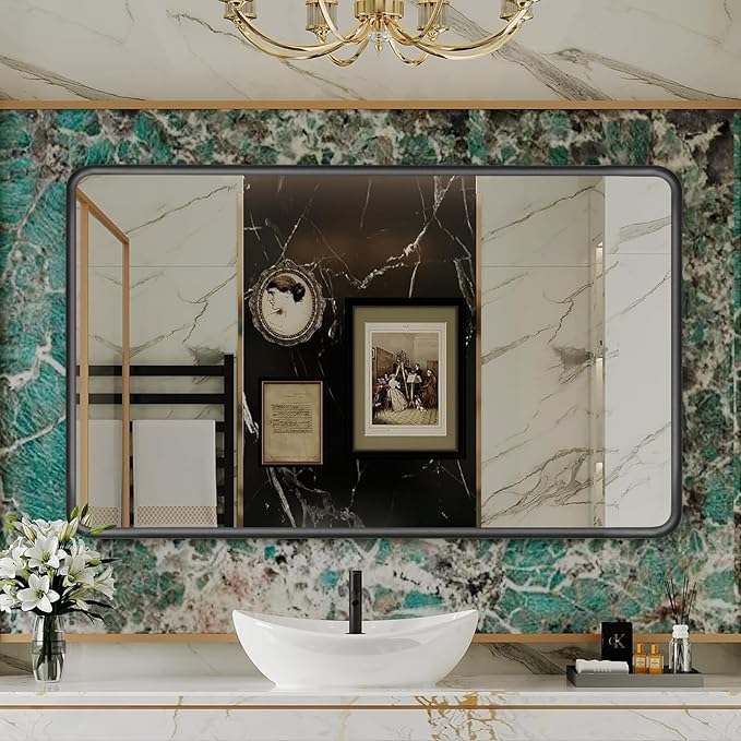 Black Framed Mirrors for Bathroom,55 x 36 Inch Rounded Conner Rectangle Mirror for Wall, Matte Black Vanity Mirror with Tempered Glass,Anti-Rust,Hangs Horizontally or Vertically