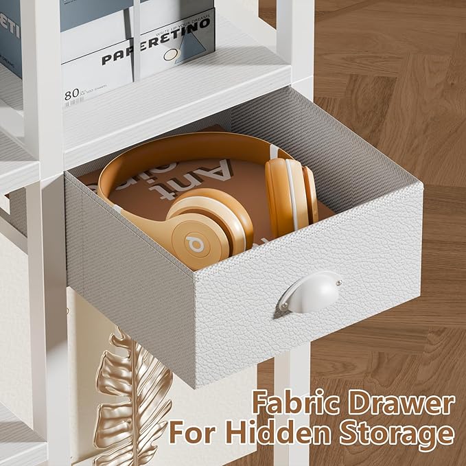 Furologee Bookshelf with USB Ports and Outlets, Shelf with Drawer, Mordern Display Shelves with Charging Station, 6 Tier Storage Shelves for Bedroom, Living Room, Home Office, White