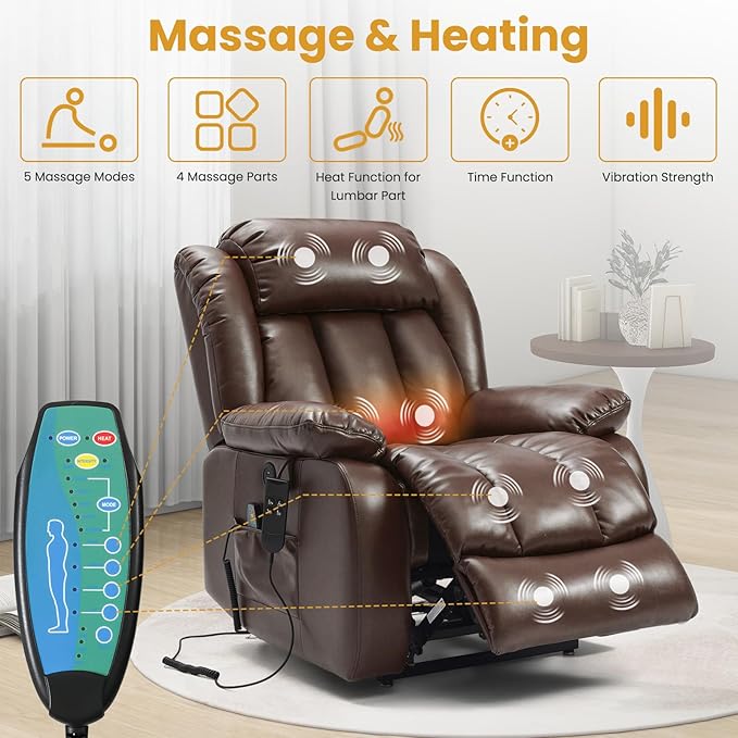 PARKOL Dual Motor Power Lift Recliner Chair for Elderly, 180-Degree Infinite Position Lay Flat Leather Recliner Chairs, with Massage and Heating, USB & Type-C Port and Remote (Brown, Medium)
