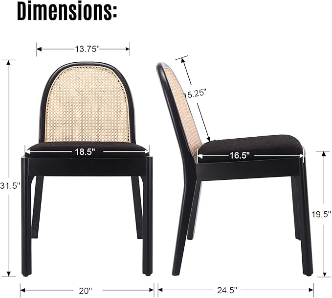 LukeAlon Modern Sherpa Dining Chairs Set of 6, Natural Woven Rattan Cane Back Side Chairs with Solid Wood Legs Mid Century Dinner Chairs for Kitchen Living Room, Black