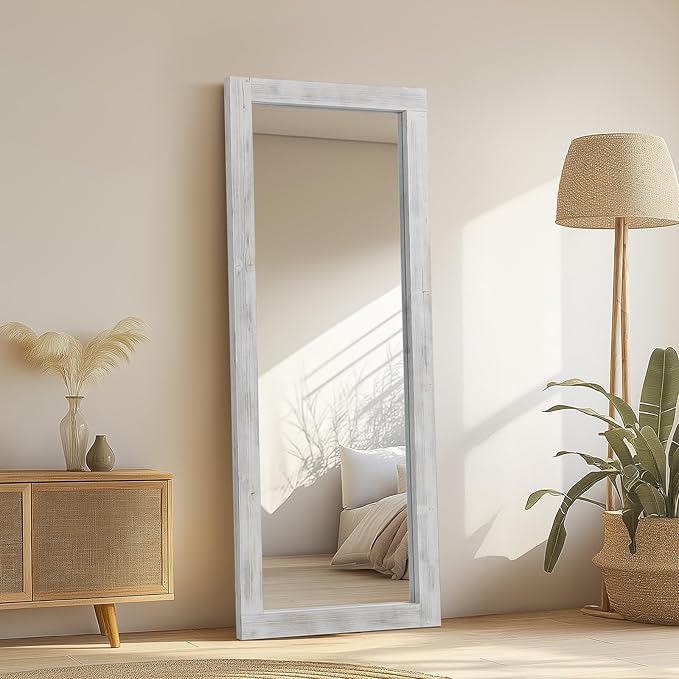 Rustic Standing Full Length Mirror Wood Frame, 56"X21" Farmhouse Floor Mirror for Bedroom Living Room Entryway, Hanging or Leaning Wall-Mounted Full Body Mirror, Tempered Glass, White