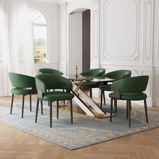 Modern Dining Chairs Set of 6, Faux Leather Upholstered Kitchen Chairs with Curved Back and Metal Legs, Mid Century Chairs for Dining Room, Kitchen, or Café (Green)