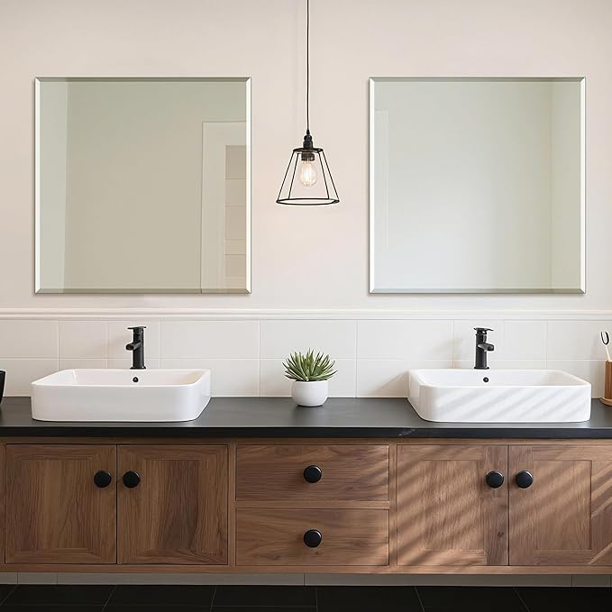 Ruomeng Frameless Mirror for Wall, 30x30 Inch Bathroom Vanity Mirror Farmhouse, Rectangle Mirror with Beveled Edge, Tempered Glass, Hangs Horizontally or Vertically